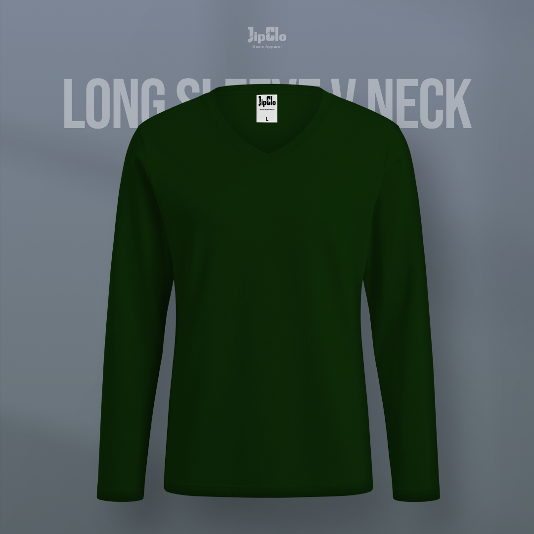 Kaos Polos Lengan Panjang V-Neck Cotton 30s Hijau Botol - Jipclo